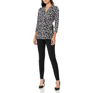 NWT Anne Klein Women's XS Mayfair Black Blue 3/4 Sleeve Wrap Top Tunic